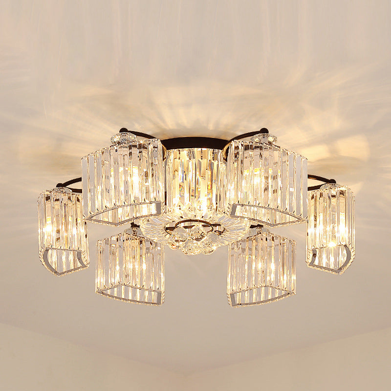 Black Semi Flush Mount Light With Clear Prismatic Crystal For Modern Branch Style