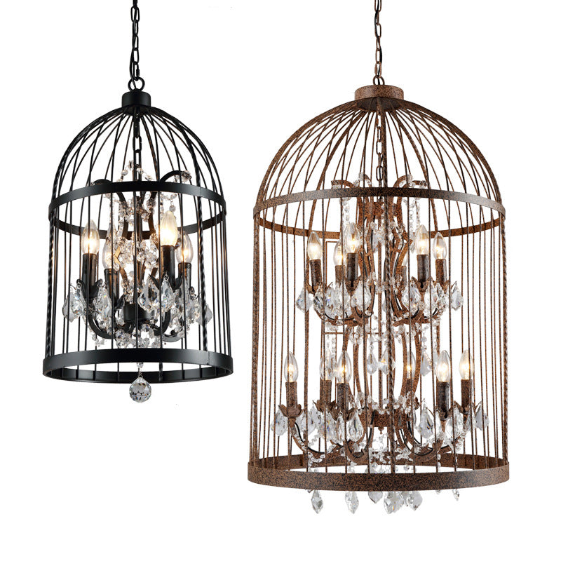 Birdcage Chandelier Metal Pendant Light With Crystal Drapes - Farmhouse Style Lamp