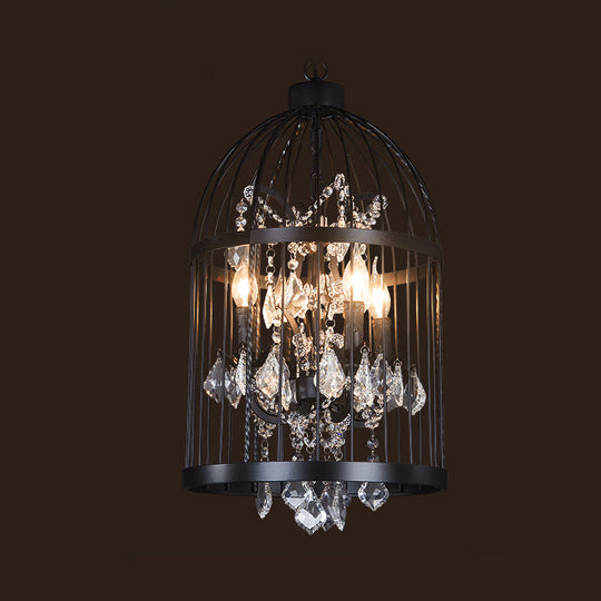 Birdcage Chandelier Metal Pendant Light With Crystal Drapes - Farmhouse Style Lamp