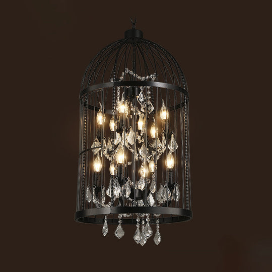 Birdcage Chandelier Metal Pendant Light With Crystal Drapes - Farmhouse Style Lamp