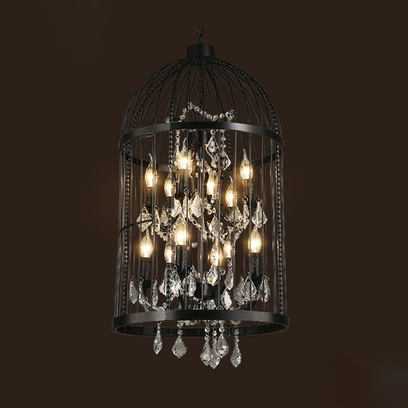 Birdcage Chandelier Metal Pendant Light With Crystal Drapes - Farmhouse Style Lamp 12 / Black