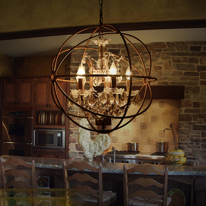 Rustic 4-Light Wrought Iron Chandelier Pendant With Crystal Deco For Restaurants