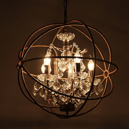 Rustic 4-Light Wrought Iron Chandelier Pendant With Crystal Deco For Restaurants