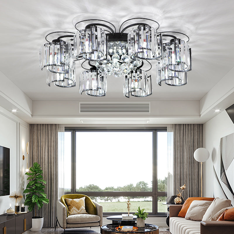 Contemporary Crystal Flush Ceiling Light Fixture in Black for Flower Bedroom