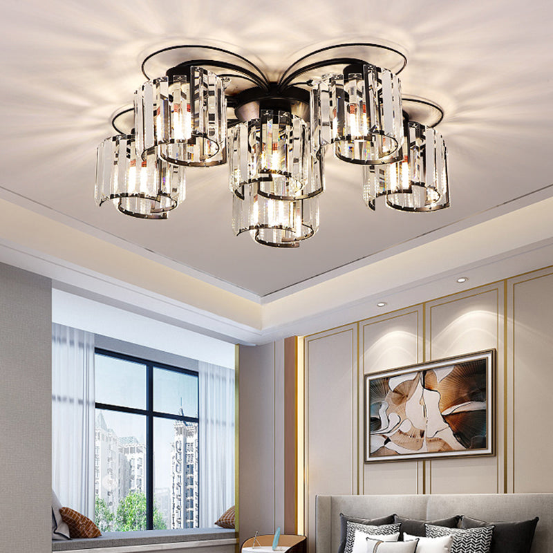 Contemporary Crystal Flush Ceiling Light Fixture in Black for Flower Bedroom