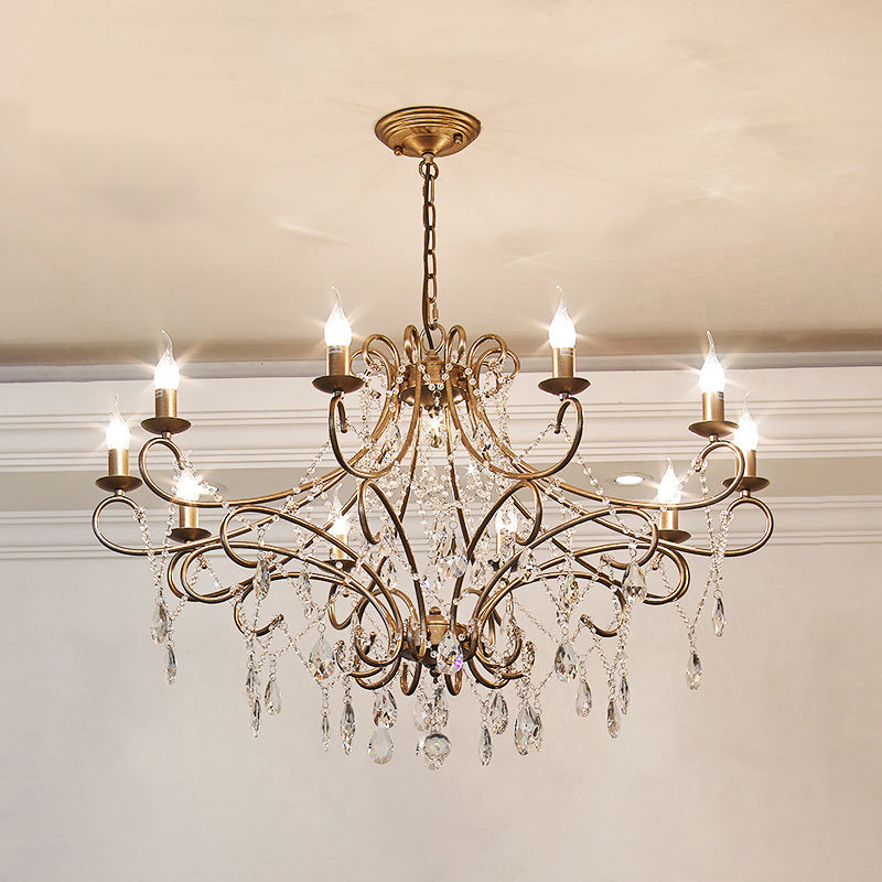 Vintage Metal Candlestick Chandelier With Crystal Strand - Gold Finish Ceiling Hang Light