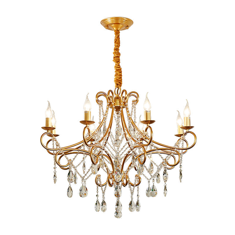 Vintage Metal Candlestick Chandelier With Crystal Strand - Gold Finish Ceiling Hang Light