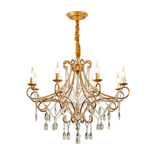 Vintage Metal Candlestick Chandelier With Crystal Strand - Gold Finish Ceiling Hang Light