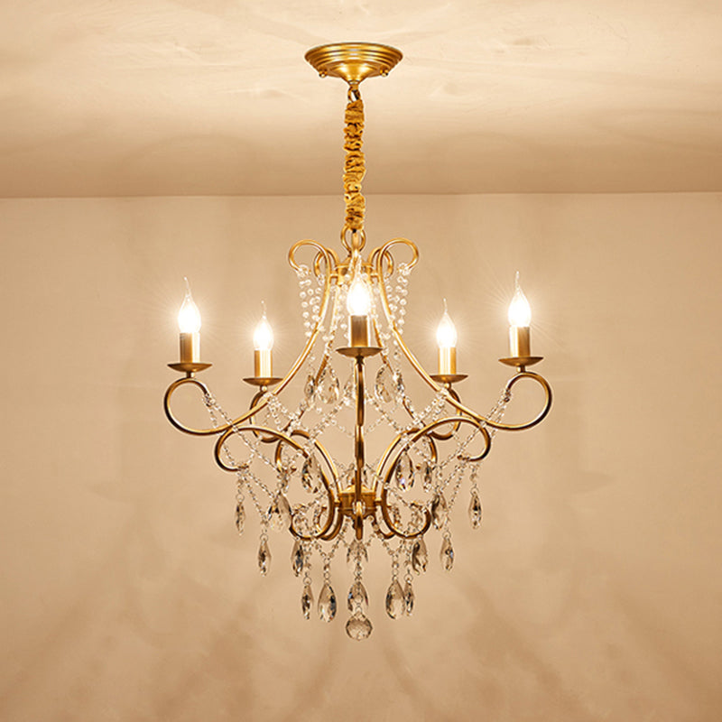 Vintage Metal Candlestick Chandelier With Crystal Strand - Gold Finish Ceiling Hang Light