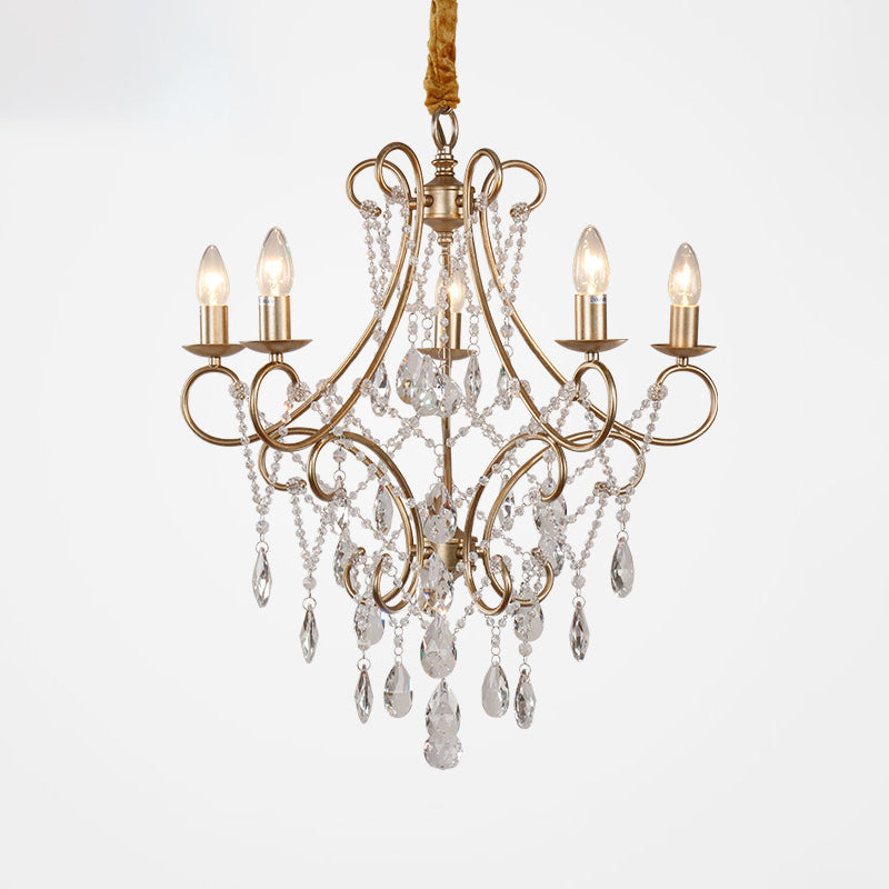 Vintage Metal Candlestick Chandelier With Crystal Strand - Gold Finish Ceiling Hang Light