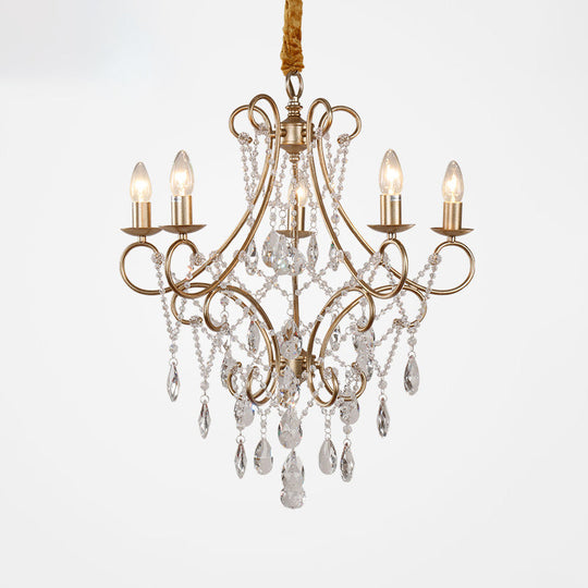 Vintage Metal Candlestick Chandelier With Crystal Strand - Gold Finish Ceiling Hang Light