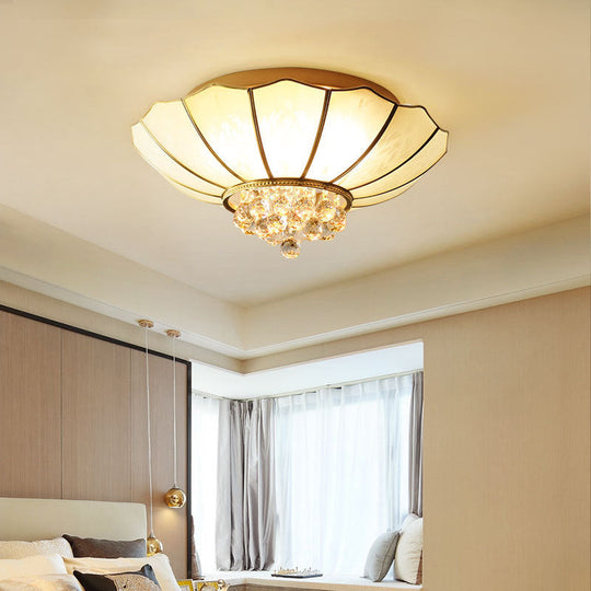 Gold Frosted Glass Umbrella Flush Light with Crystal Orbs