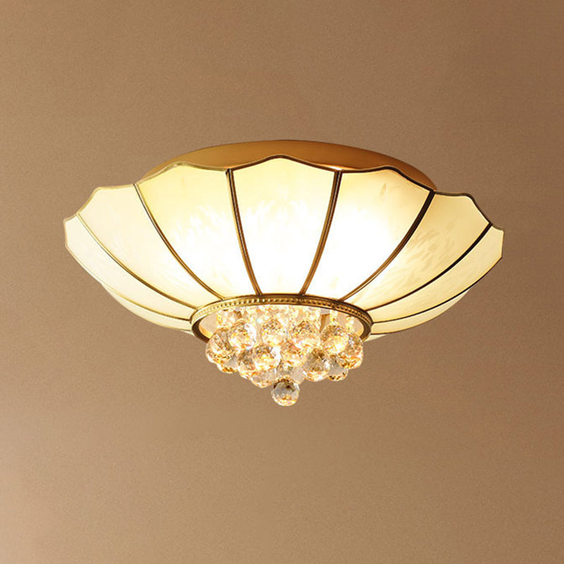 Gold Frosted Glass Umbrella Flush Light with Crystal Orbs