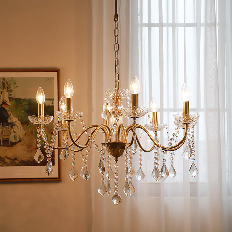 Rustic Faux Candle Pendant Light With Clear Crystal Strand - Rural Gold Metal Chandelier