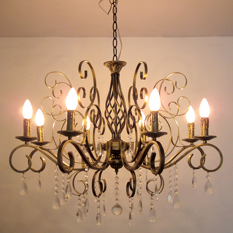 Retro Brass Candle Chandelier: Swirled Arm Pendant Lamp For Living Room With A Metallic Finish