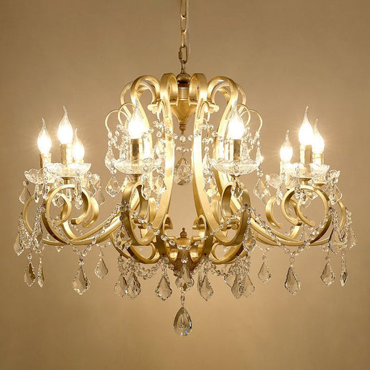 Rustic Gold Crystal Draping Chandelier With Scrolling Arms And Drops