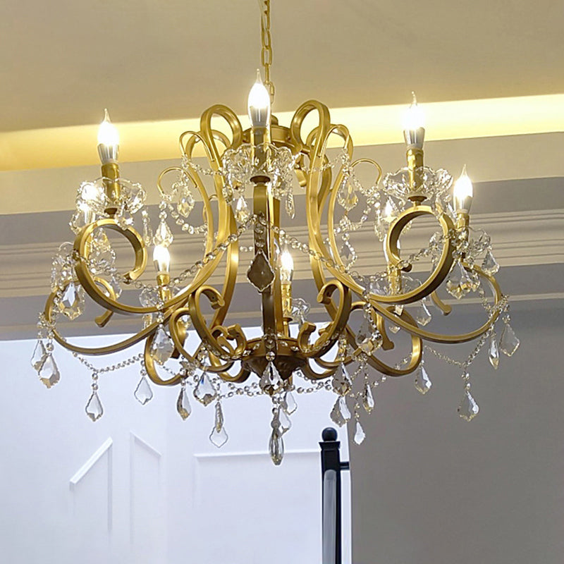 Rustic Gold Crystal Draping Chandelier With Scrolling Arms And Drops