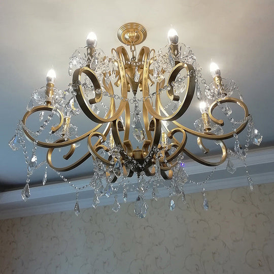 Rustic Gold Crystal Draping Chandelier With Scrolling Arms And Drops