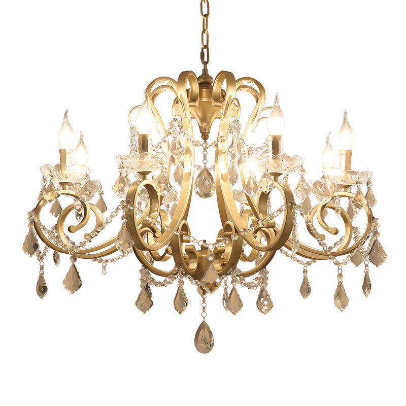 Rustic Gold Crystal Draping Chandelier With Scrolling Arms And Drops