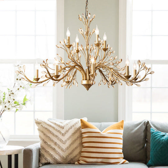 Gold Amber Crystal Branch Pendant Chandelier - Rustic Bedroom Suspension Lighting