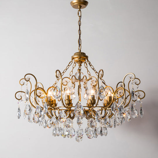 Antique Metal Chandelier With Swirling Design Crystal Droplets - Elegant Suspended Lighting Fixture