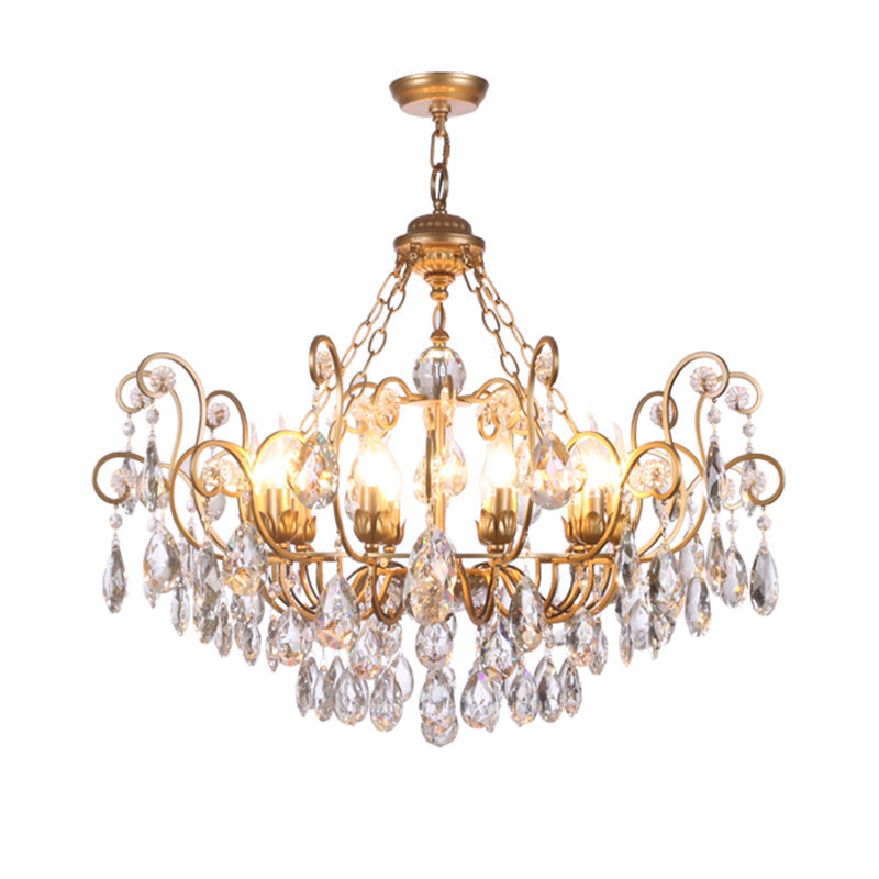 Antique Metal Chandelier With Swirling Design Crystal Droplets - Elegant Suspended Lighting Fixture