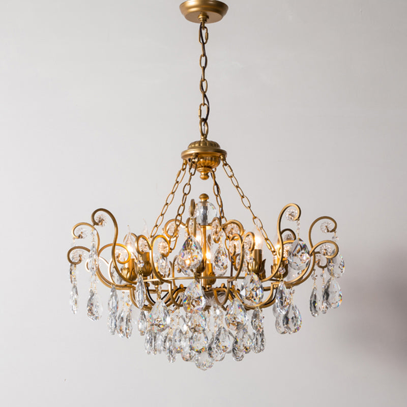 Antique Metal Chandelier With Swirling Design Crystal Droplets - Elegant Suspended Lighting Fixture