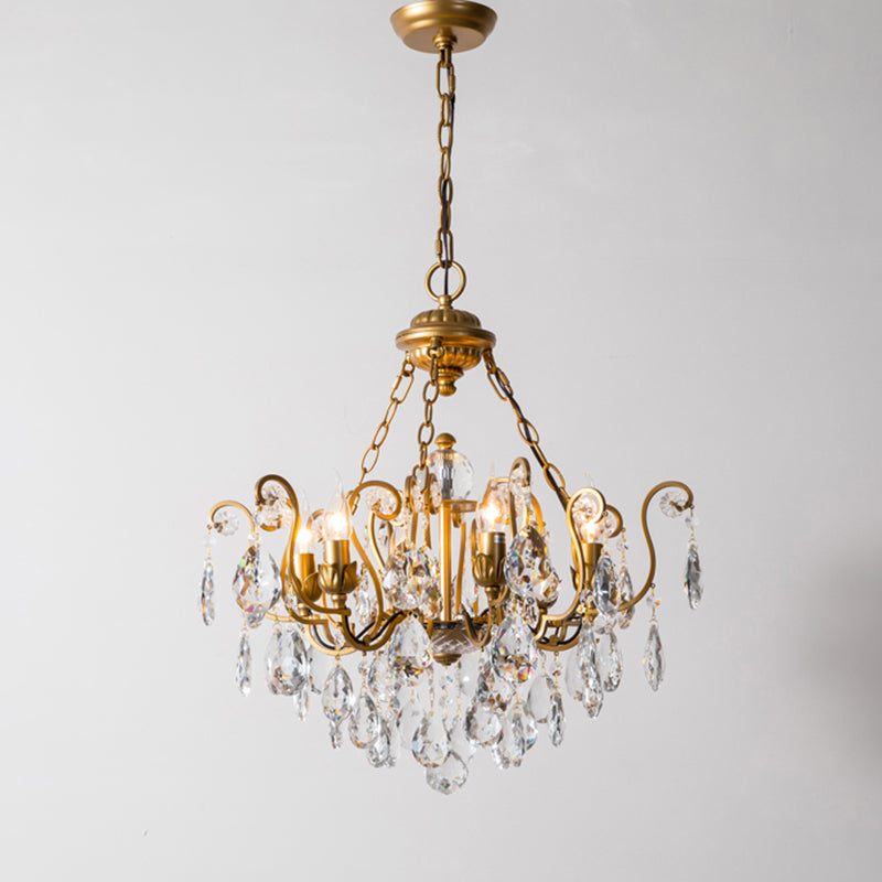 Antique Metal Chandelier With Swirling Design Crystal Droplets - Elegant Suspended Lighting Fixture