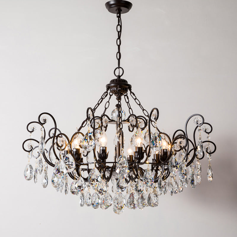 Antique Metal Chandelier With Swirling Design Crystal Droplets - Elegant Suspended Lighting Fixture