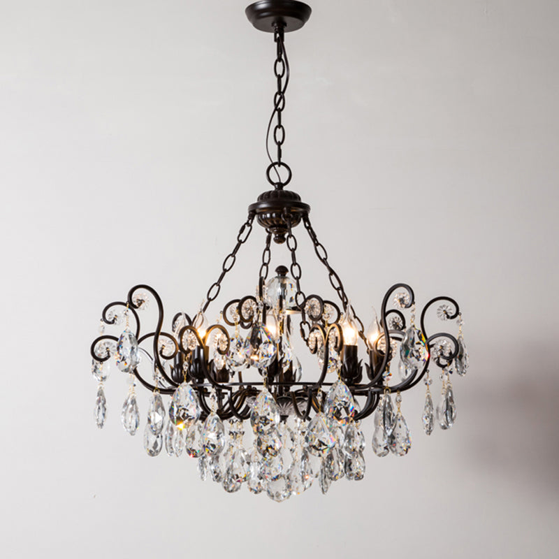 Antique Metal Chandelier With Swirling Design Crystal Droplets - Elegant Suspended Lighting Fixture