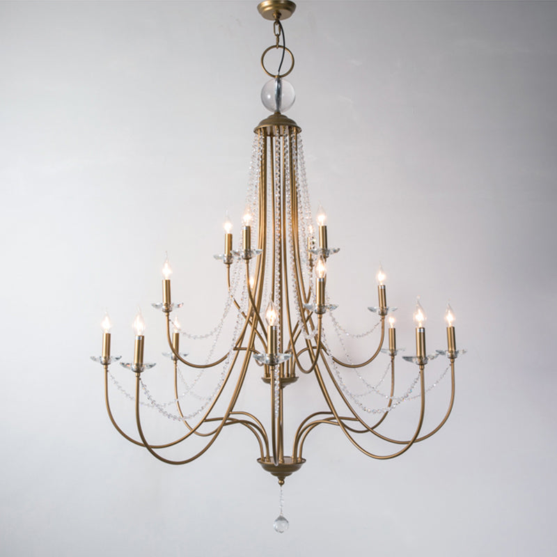 Rustic Candlestick Chandelier With Crystal Strand Elegant Metallic Hanging Light Kit Gold / 3 Tiers