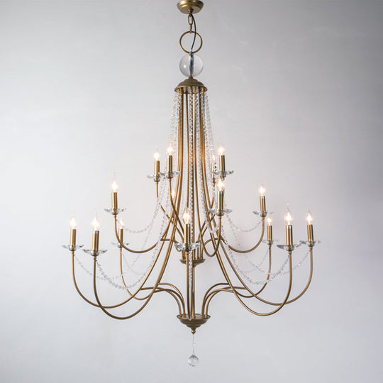 Rustic Candlestick Chandelier With Crystal Strand Elegant Metallic Hanging Light Kit Gold / 3 Tiers