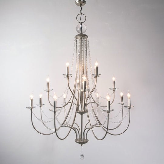 Rustic Candlestick Chandelier With Crystal Strand Elegant Metallic Hanging Light Kit Silver / 3