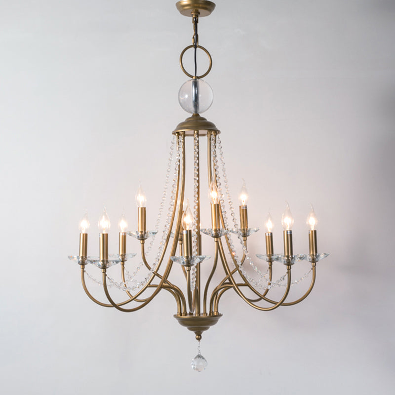 Rustic Candlestick Chandelier With Crystal Strand Elegant Metallic Hanging Light Kit Gold / 2 Tiers