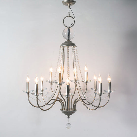 Rustic Candlestick Chandelier With Crystal Strand Elegant Metallic Hanging Light Kit Silver / 2