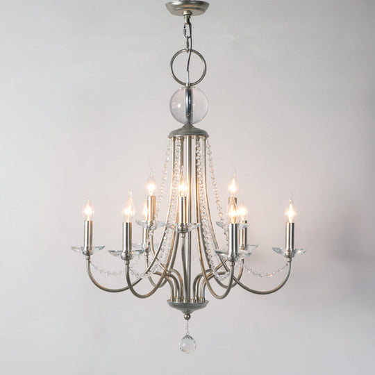 Rustic Candlestick Chandelier With Crystal Strand Elegant Metallic Hanging Light Kit Silver / 2