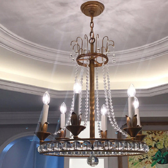 Antique Crystal Chandelier: Elegant 6-Head Candle Style Ceiling Hang Light For Living Room Dark Gold