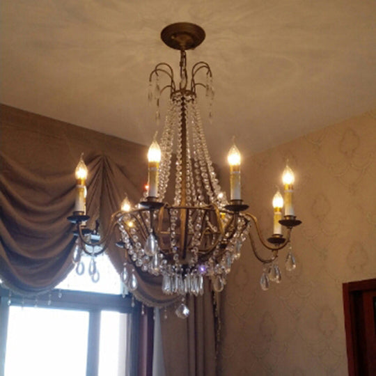 Bronze Finish Candle Chandelier: Elegant Metal Ceiling Light With Crystal Drape For Living Rooms