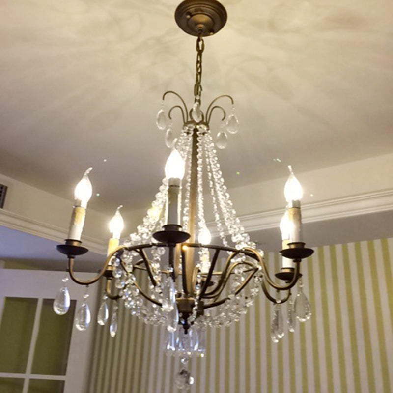 Bronze Finish Candle Chandelier: Elegant Metal Ceiling Light With Crystal Drape For Living Rooms