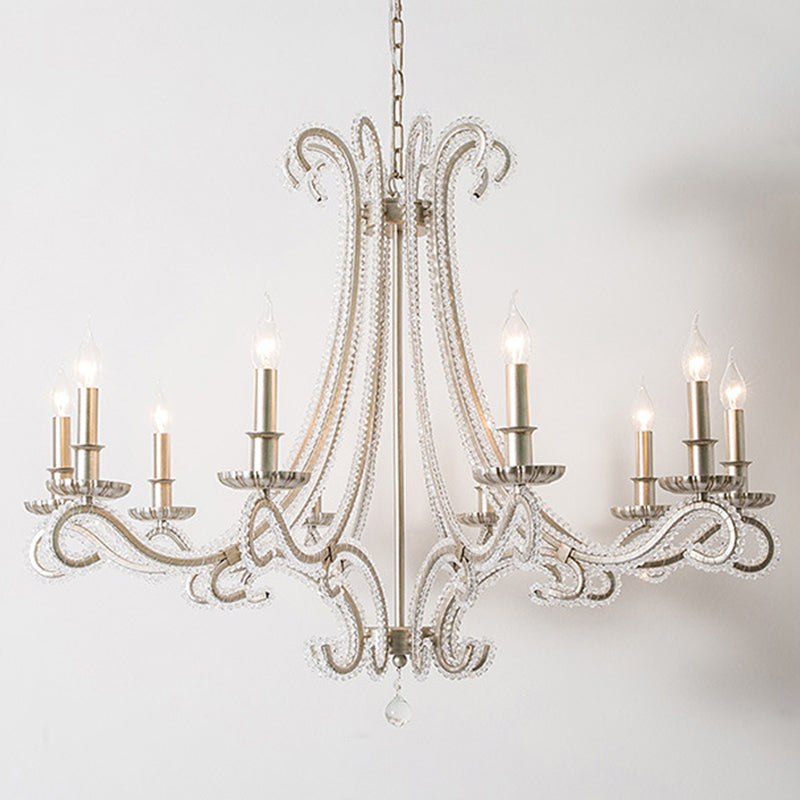 French Country Crystal Bead Chandelier With Chrome Finish - Elegant Drop Lamp For Dining Room