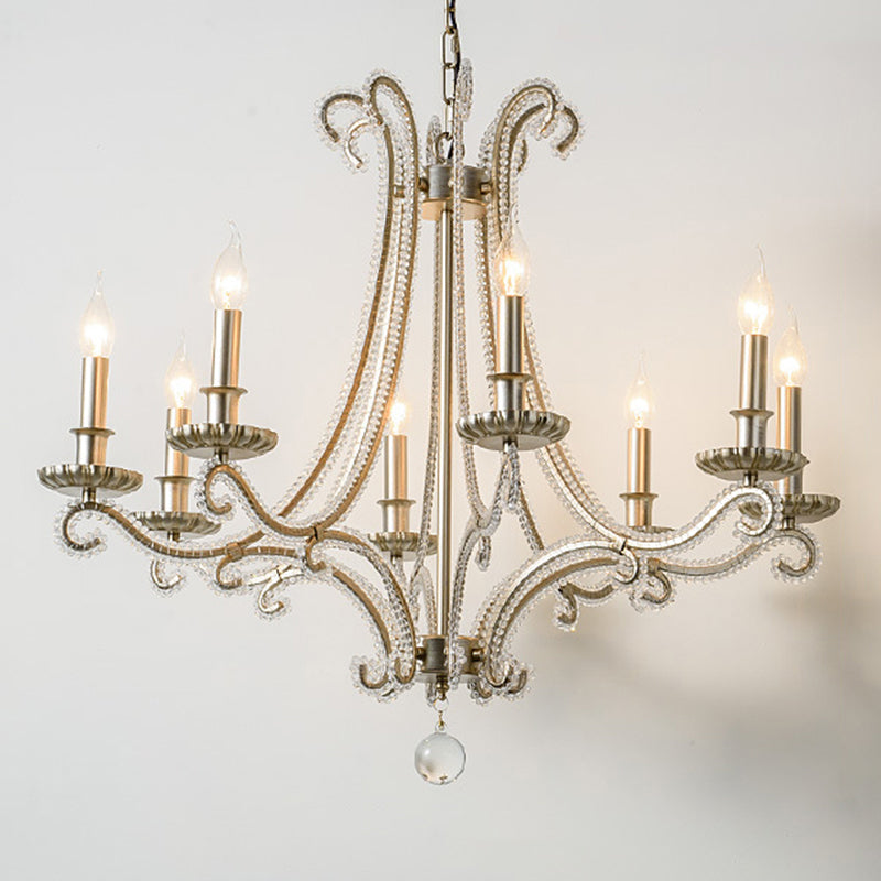 French Country Crystal Bead Chandelier With Chrome Finish - Elegant Drop Lamp For Dining Room