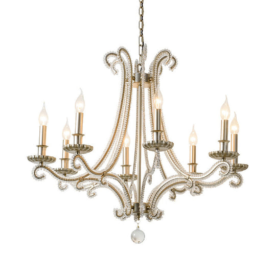 French Country Crystal Bead Chandelier With Chrome Finish - Elegant Drop Lamp For Dining Room