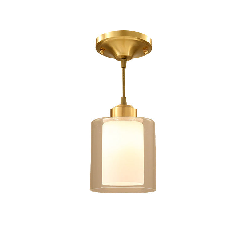 Brass Pendant Light With Double-Layered Glass Cylinder For Dining Room