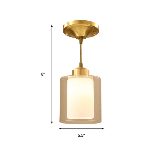 Brass Pendant Light With Double-Layered Glass Cylinder For Dining Room