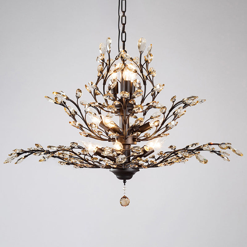 Rustic Tiered Branch Crystal Chandelier Ceiling Light For Restaurants 13 / Black