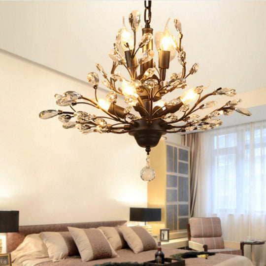 Farmhouse Beveled-Cut Crystal Chandelier - Twig Shape Ceiling Hang Lamp For Living Room 7 / Black