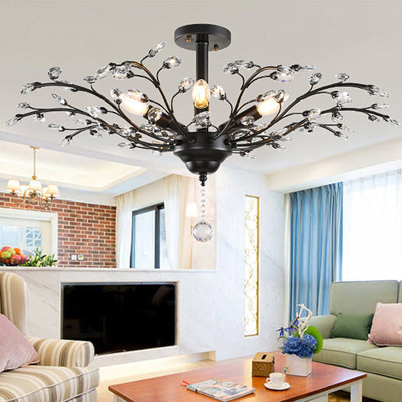 Farmhouse Beveled-Cut Crystal Chandelier - Twig Shape Ceiling Hang Lamp For Living Room