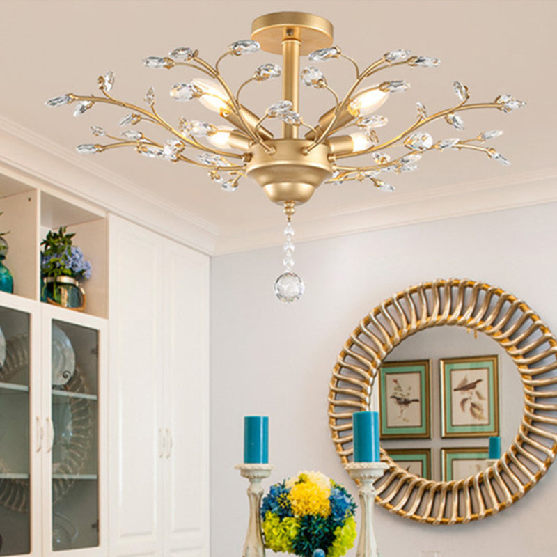 Farmhouse Beveled-Cut Crystal Chandelier - Twig Shape Ceiling Hang Lamp For Living Room 4 / Gold