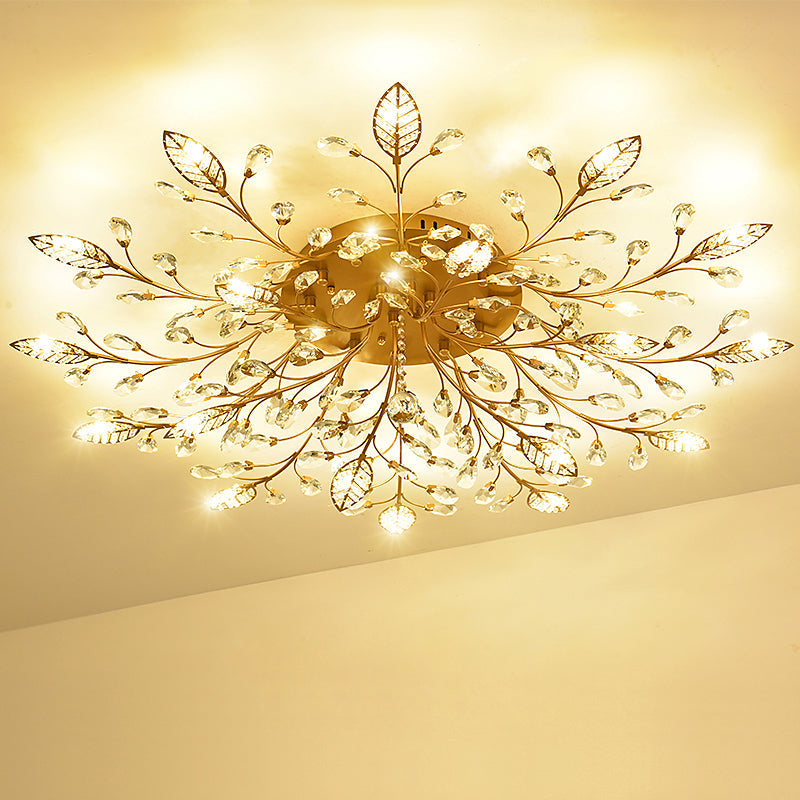 Rustic Crystal LED Ceiling Light Fixture for Hallway - Gold Branches Flush Mount Lamp