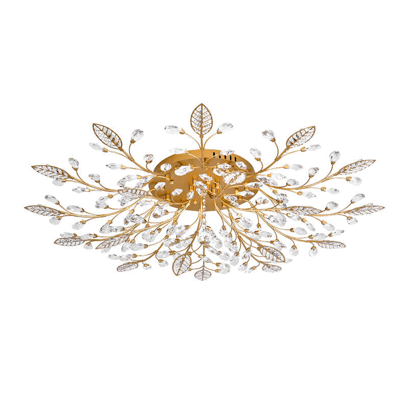 Rustic Crystal LED Ceiling Light Fixture for Hallway - Gold Branches Flush Mount Lamp